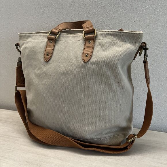 Fossil Workman CVS Canvas Utility Tote/Bag Large New Beige Brown Leather - Picture 2 of 16